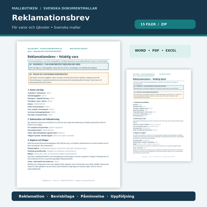 Reklamationsbrev vara och tjänst 2026/2027 – Word, PDF och Excel, faktisk dokumentförhandsvisning