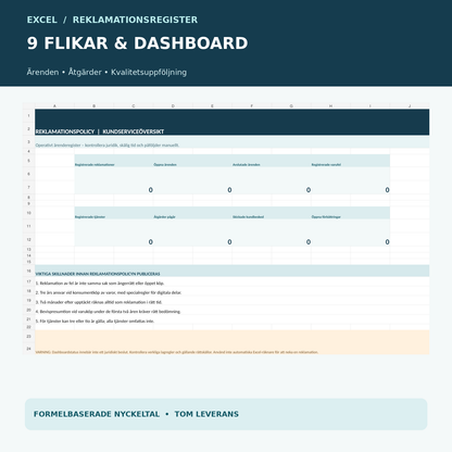 Excel reklamationsregister för e-handel och kundservice med 9 flikar, ärenden och formelbaserad översikt