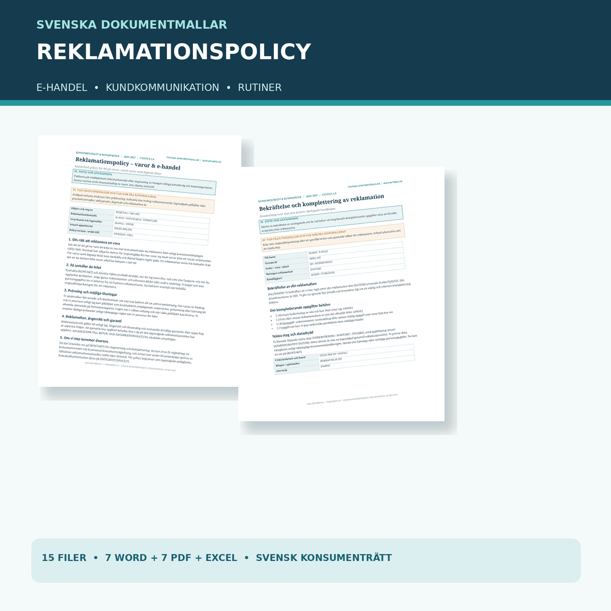 Reklamationspolicy mall och reklamationsrutiner 2026/2027 – Word, PDF och Excel med verkliga dokumentvyer