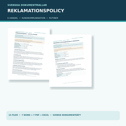 Reklamationspolicy mall och reklamationsrutiner 2026/2027 – Word, PDF och Excel med verkliga dokumentvyer