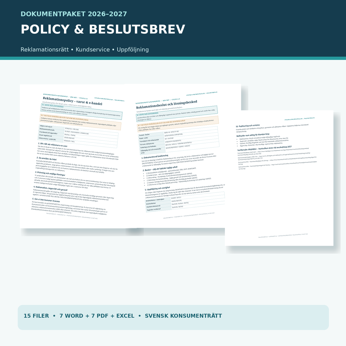 Reklamationspolicy paketet innehåller fem svenska mallar, beslutsbrev, kundbekräftelse och användarguider