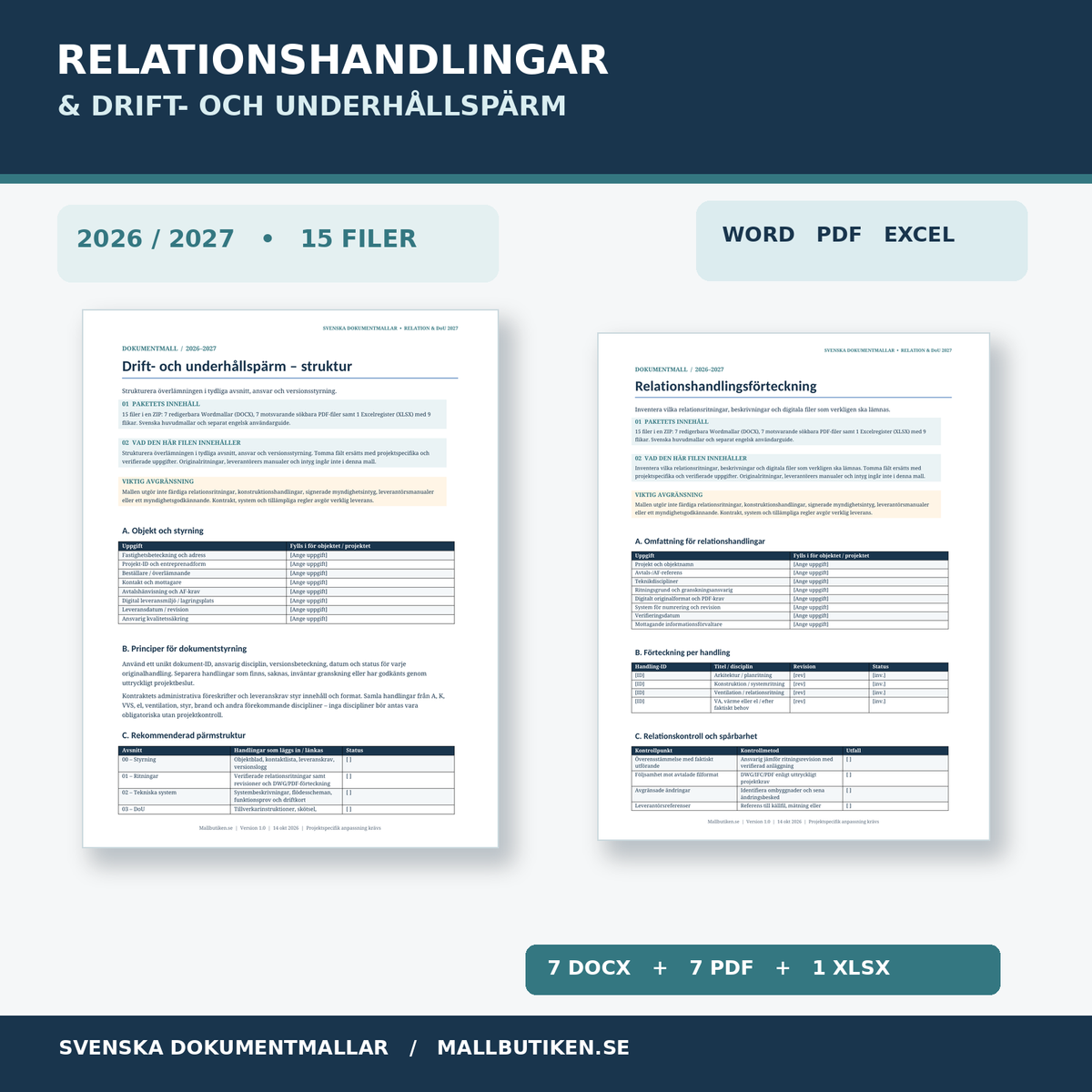 Relationshandlingar drift- och underhållspärm mall 2026 2027 med Word PDF Excel