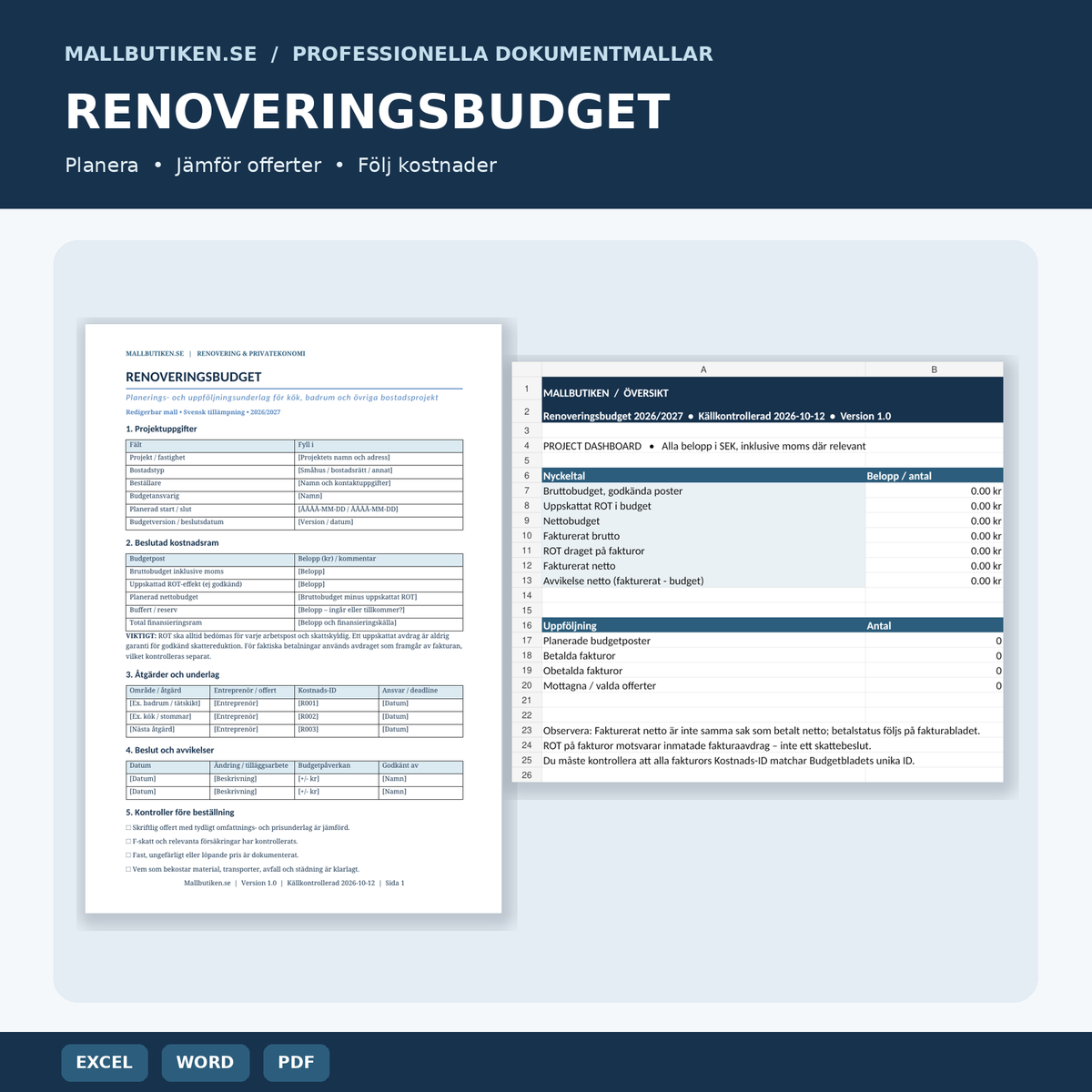 Renoveringsbudget och ROT 2026/2027 – Excel Word PDF dokumentpaket