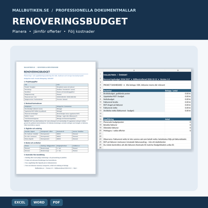 Renoveringsbudget och ROT 2026/2027 – Excel Word PDF dokumentpaket
