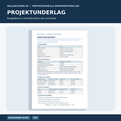 Projektunderlag och budgetkontroll för bostadsrenovering – Word och PDF