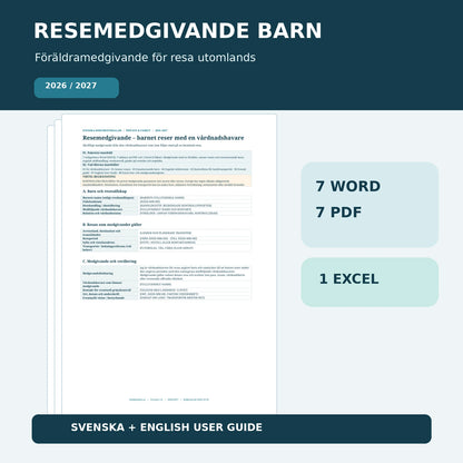 Resemedgivande barn 2026/2027 mall med föräldramedgivande i Word PDF och Excel