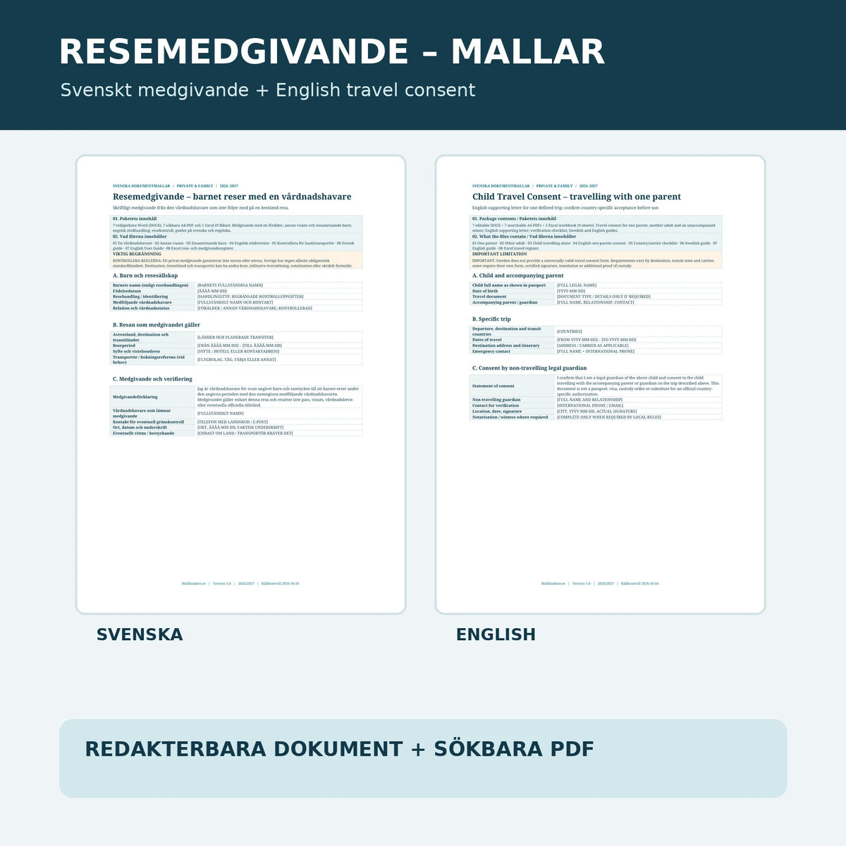 Resemedgivande barn med en vårdnadshavare – svensk och engelsk dokumentförhandsvisning