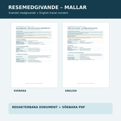 Resemedgivande barn med en vårdnadshavare – svensk och engelsk dokumentförhandsvisning