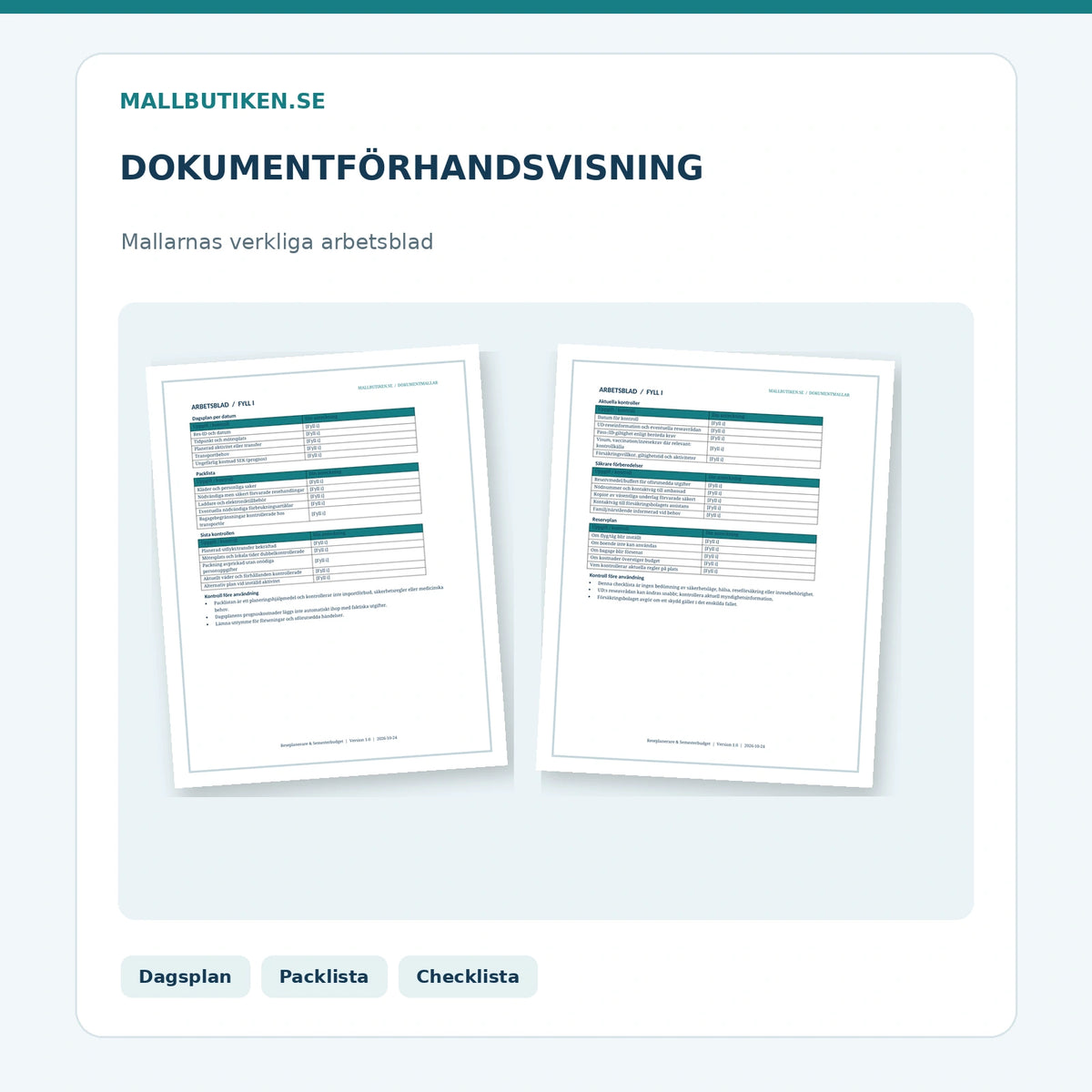 Reseplanerare – verklig dokumentförhandsvisning av dagsplan packlista och avresechecklista