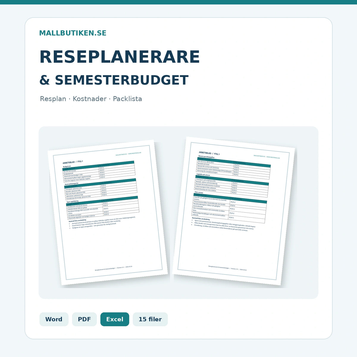 Reseplanerare och semesterbudget – 15 dokumentfiler Word PDF Excel