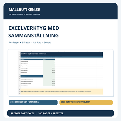 Excel dashboard resdagar bilresor traktamente och utlägg 2026 2027