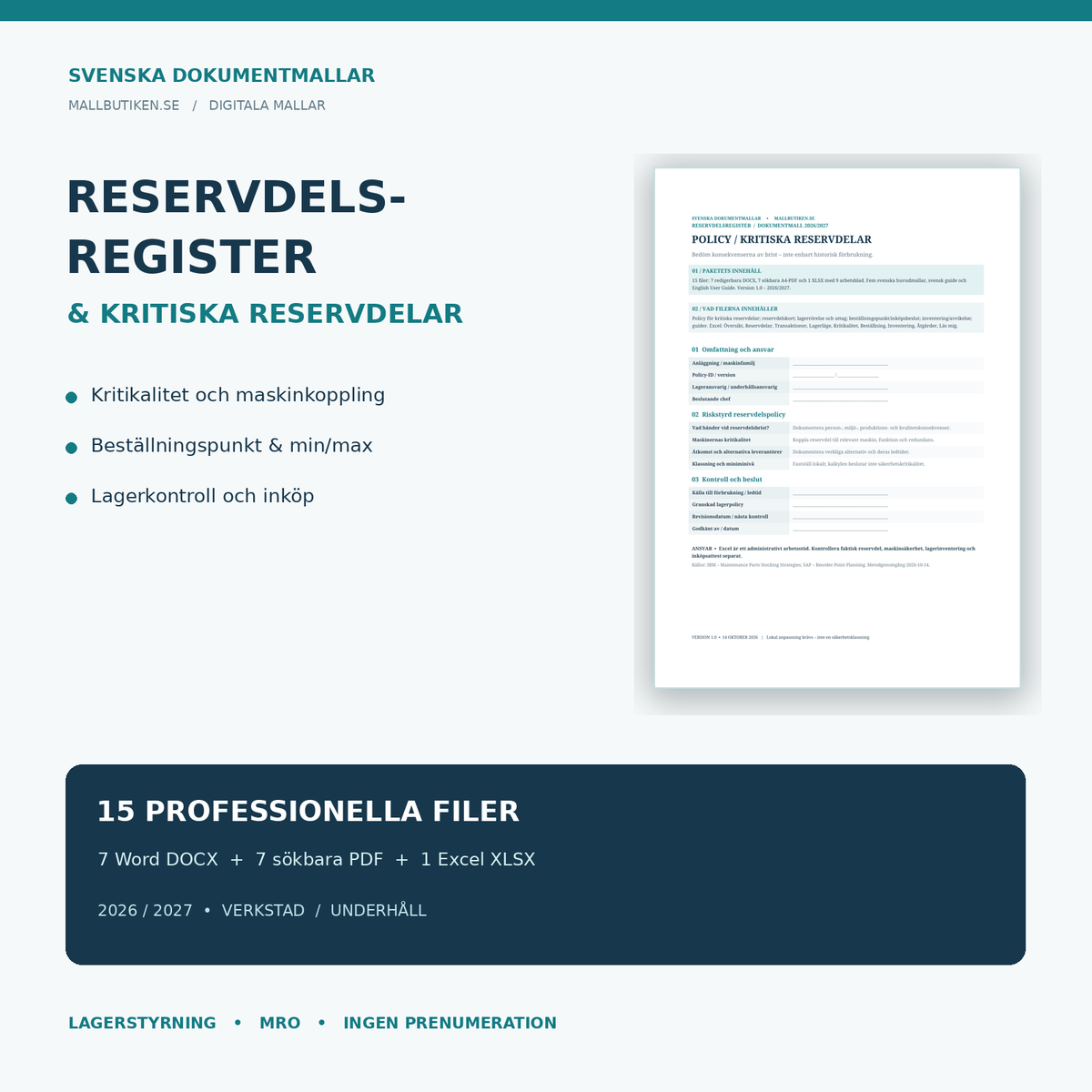 Reservdelsregister och kritiska reservdelar: 7 Word, 7 PDF, 1 Excel i ett professionellt mallpaket