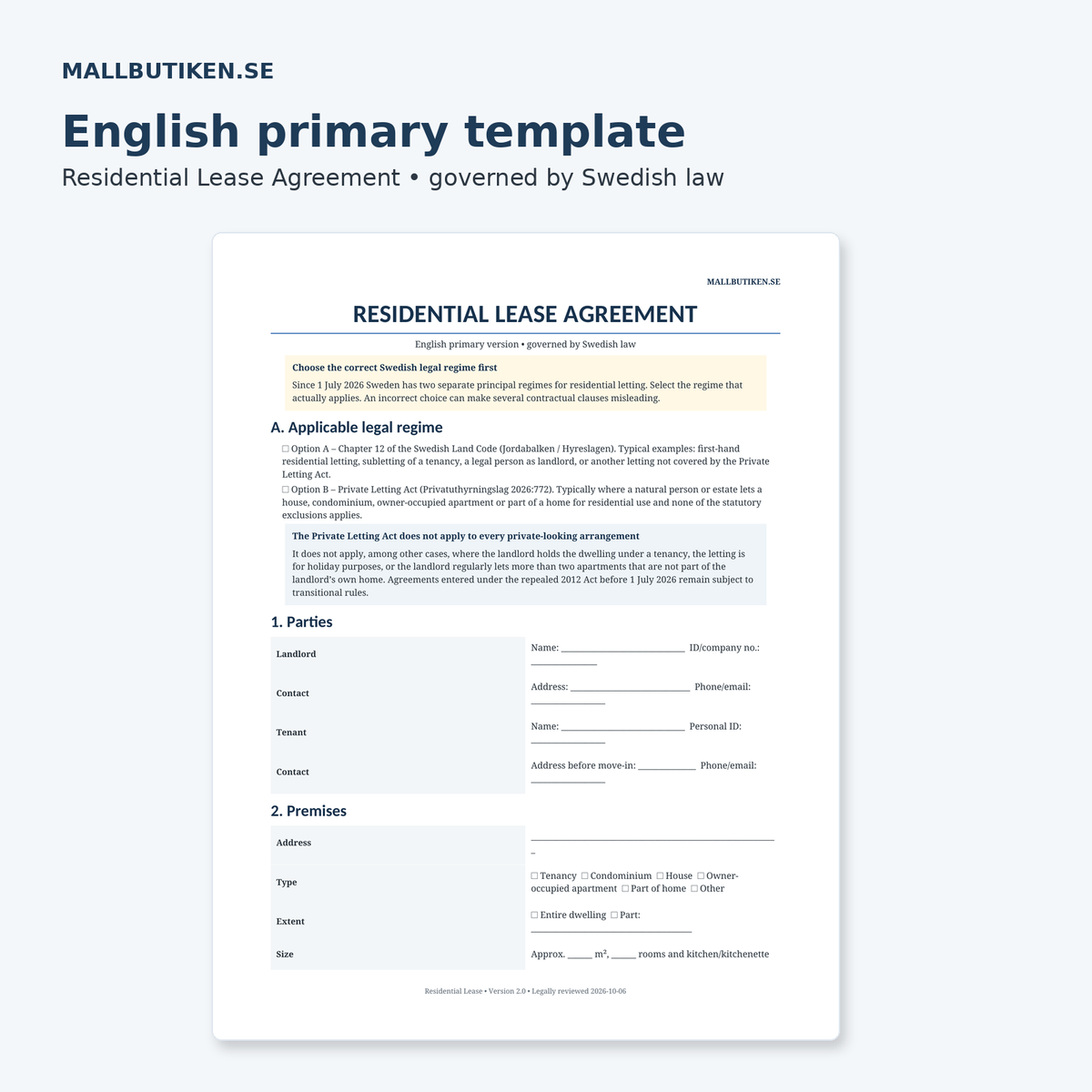 Preview of English residential lease agreement governed by Swedish law 2026/2027