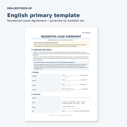 Preview of English residential lease agreement governed by Swedish law 2026/2027
