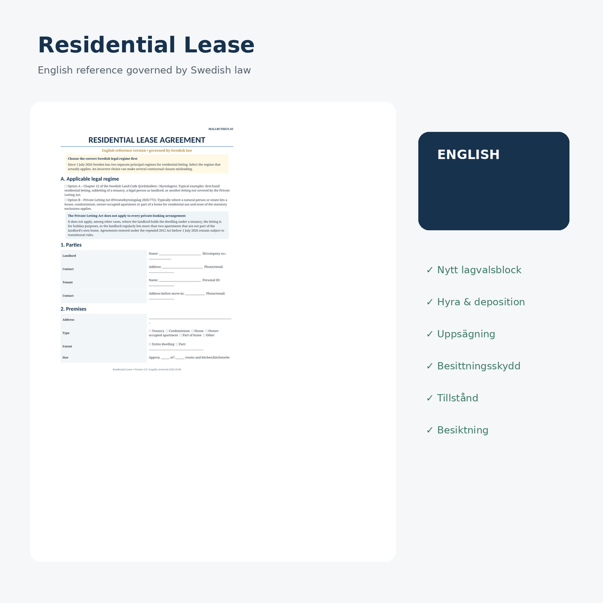 English reference preview of residential lease agreement governed by Swedish law