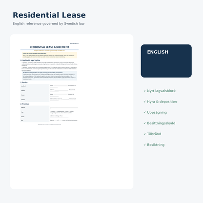 English reference preview of residential lease agreement governed by Swedish law
