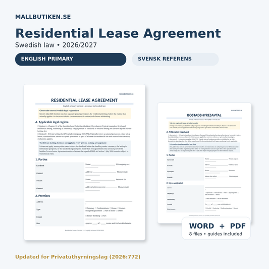 Residential Lease Agreement under Swedish law – English Word/PDF template with Swedish reference and guides