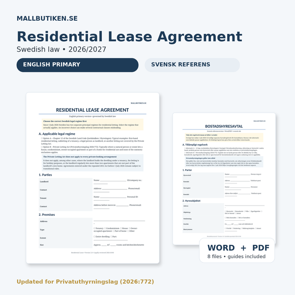 Residential Lease Agreement under Swedish law – English Word/PDF template with Swedish reference and guides
