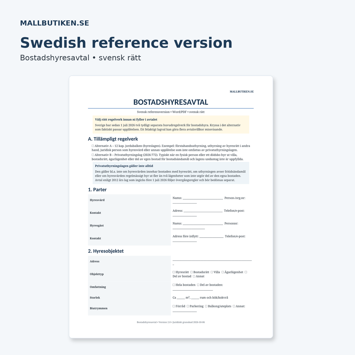 Swedish reference preview included with the English residential lease agreement
