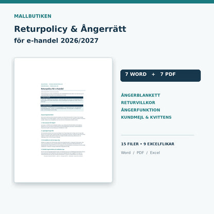 Returpolicy och ångerrätt för e-handel 2027 – verklig Wordförhandsvisning samt Word, PDF och Excel