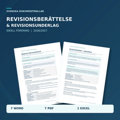 Revisionsberättelse och revisionsunderlag för ideell förening – Word, PDF och Excel, autentiska förhandsvisningar