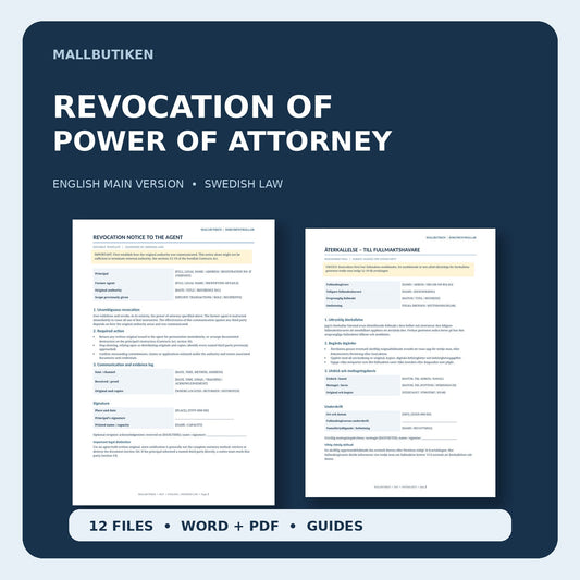 English Revocation of Power of Attorney Swedish law Word PDF with Swedish reference and user guides