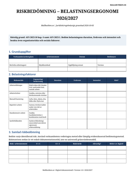 Riskbedömning belastningsergonomi 2026/2027 AFS 2023:10 Word PDF