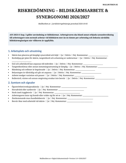 Riskbedömning bildskärmsarbete synergonomi 2026/2027 Word PDF