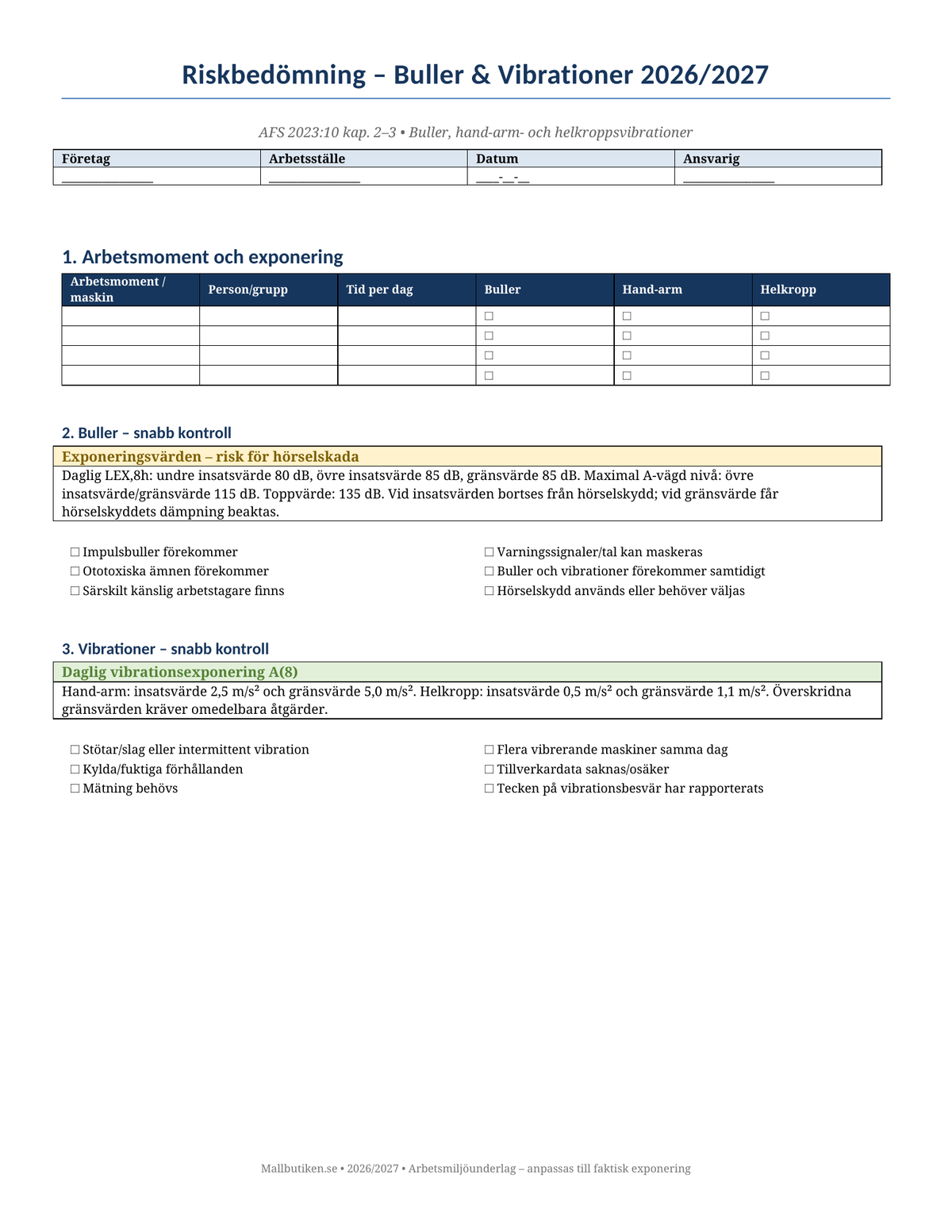 Riskbedömning buller vibrationer 2026/2027 AFS 2023:10 Word PDF
