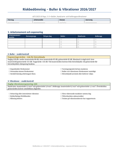 Riskbedömning buller vibrationer 2026/2027 AFS 2023:10 Word PDF