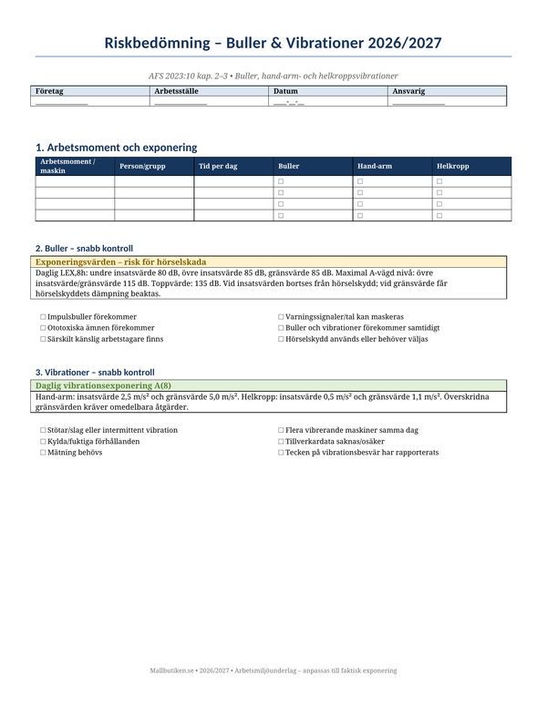 Riskbedömning buller vibrationer 2026/2027 AFS 2023:10 Word PDF