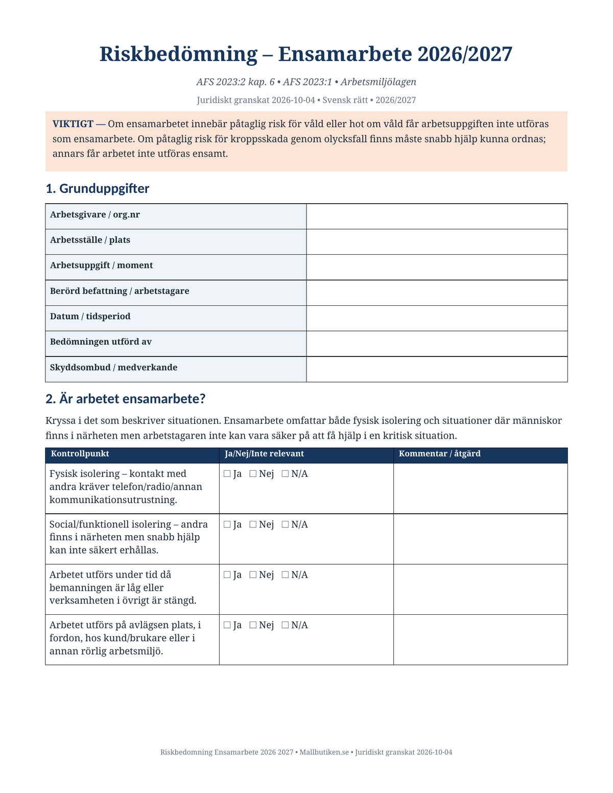 Riskbedömning ensamarbete 2026/2027 AFS 2023:2 Word PDF