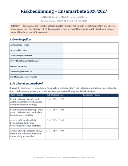 Riskbedömning ensamarbete 2026/2027 AFS 2023:2 Word PDF