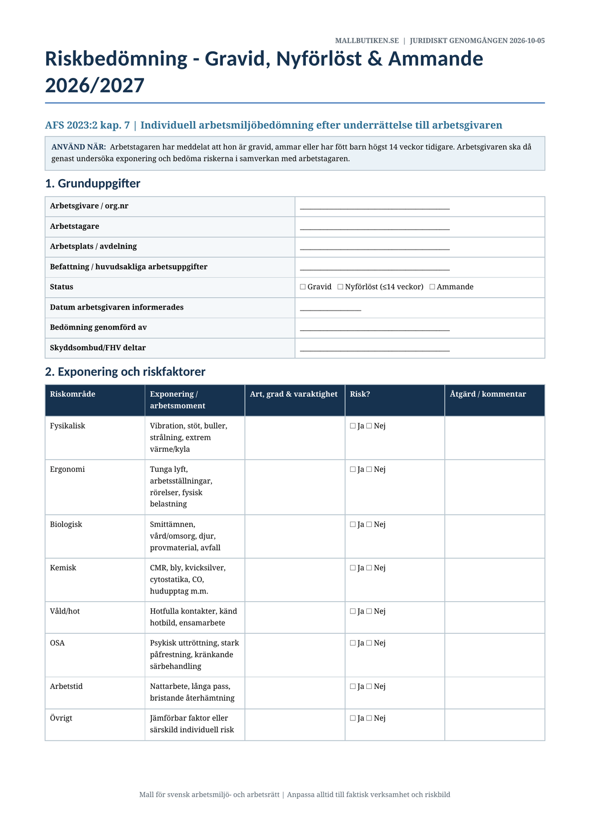 Riskbedömning gravida nyförlösta ammande 2026/2027 AFS 2023:2 Word PDF