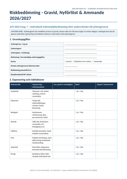 Riskbedömning gravida nyförlösta ammande 2026/2027 AFS 2023:2 Word PDF
