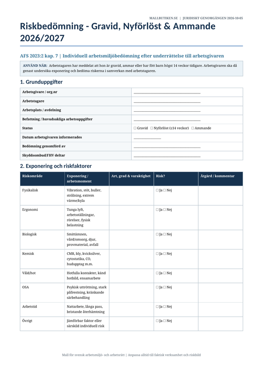 Riskbedömning gravida nyförlösta ammande 2026/2027 AFS 2023:2 Word PDF
