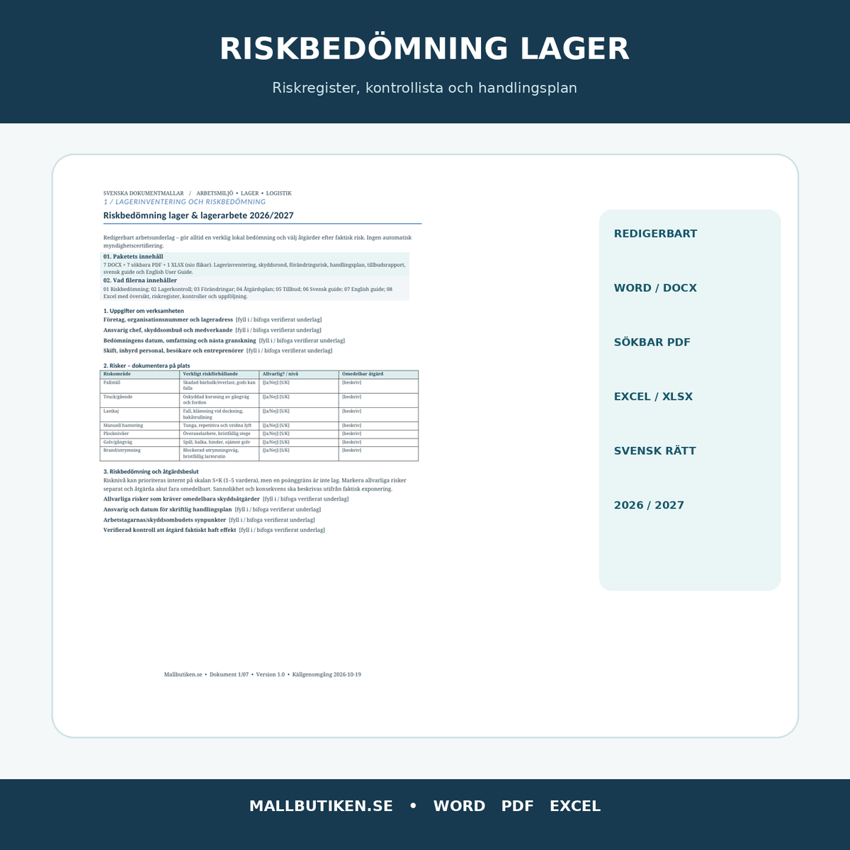 Riskbedömning lager och lagerarbete 2027 – Word PDF Excel