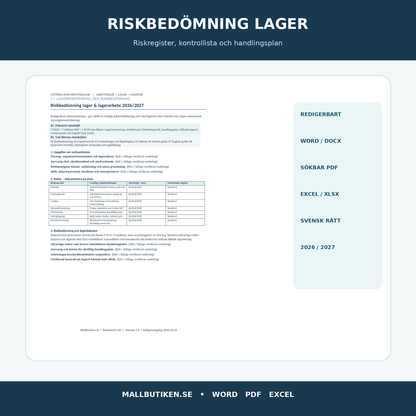 Riskbedömning lager och lagerarbete 2027 – Word PDF Excel