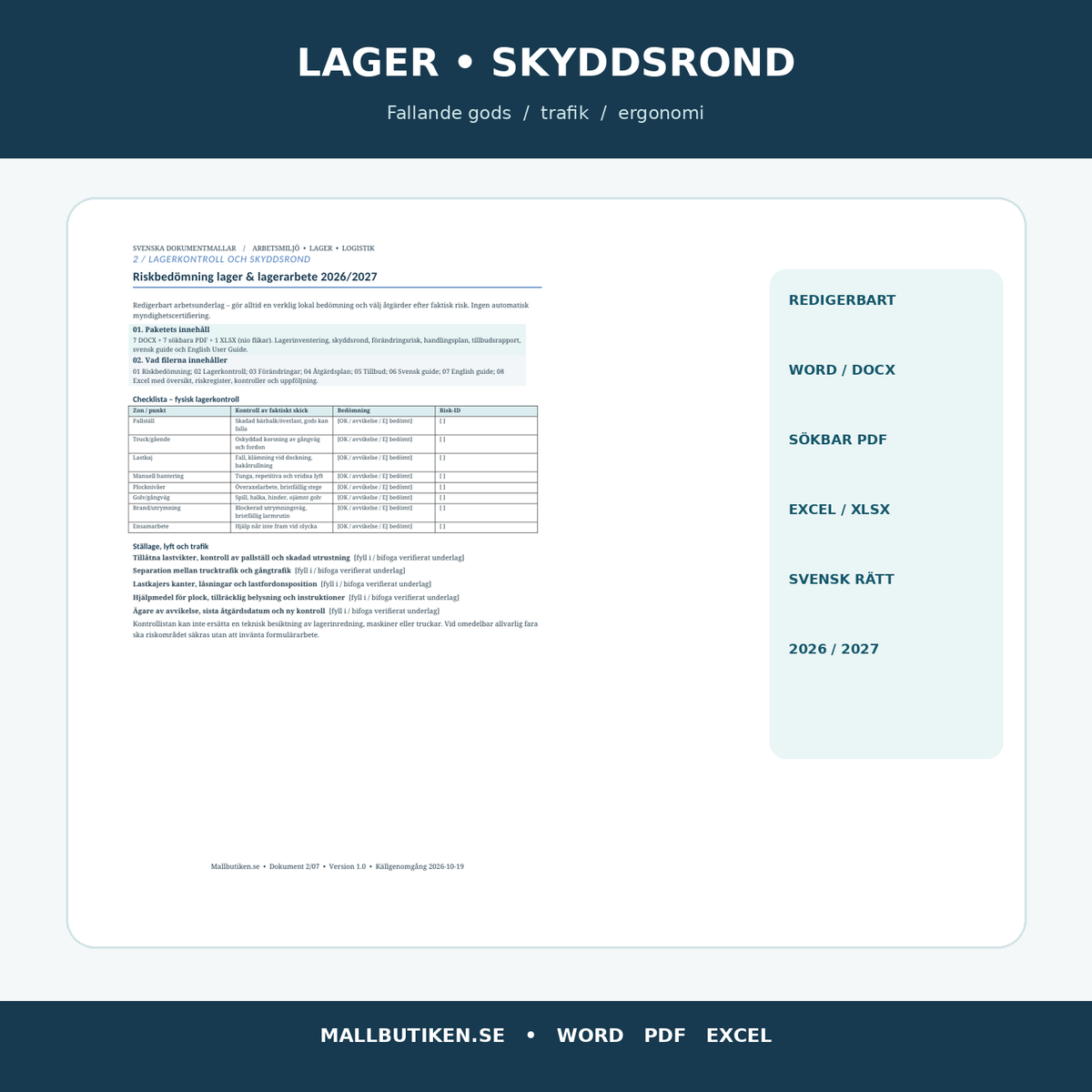 Skyddsrond lager pallställ lastkaj och arbetsmiljörisker Word PDF