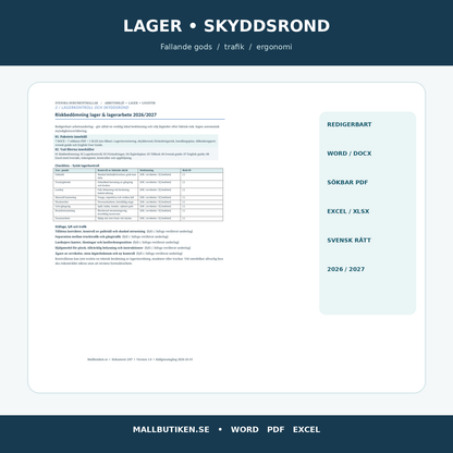 Skyddsrond lager pallställ lastkaj och arbetsmiljörisker Word PDF