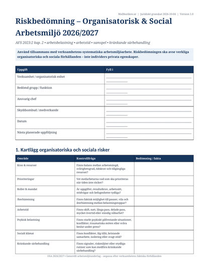 Riskbedömning organisatorisk och social arbetsmiljö OSA 2026/2027 AFS 2023:2