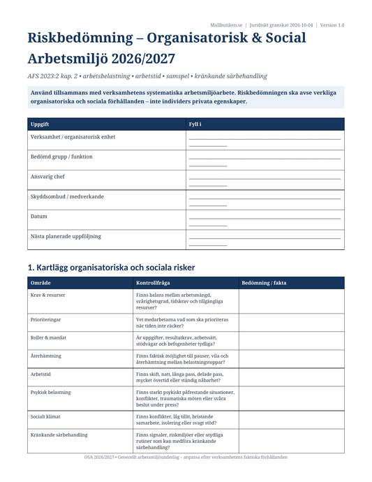 Riskbedömning organisatorisk och social arbetsmiljö OSA 2026/2027 AFS 2023:2