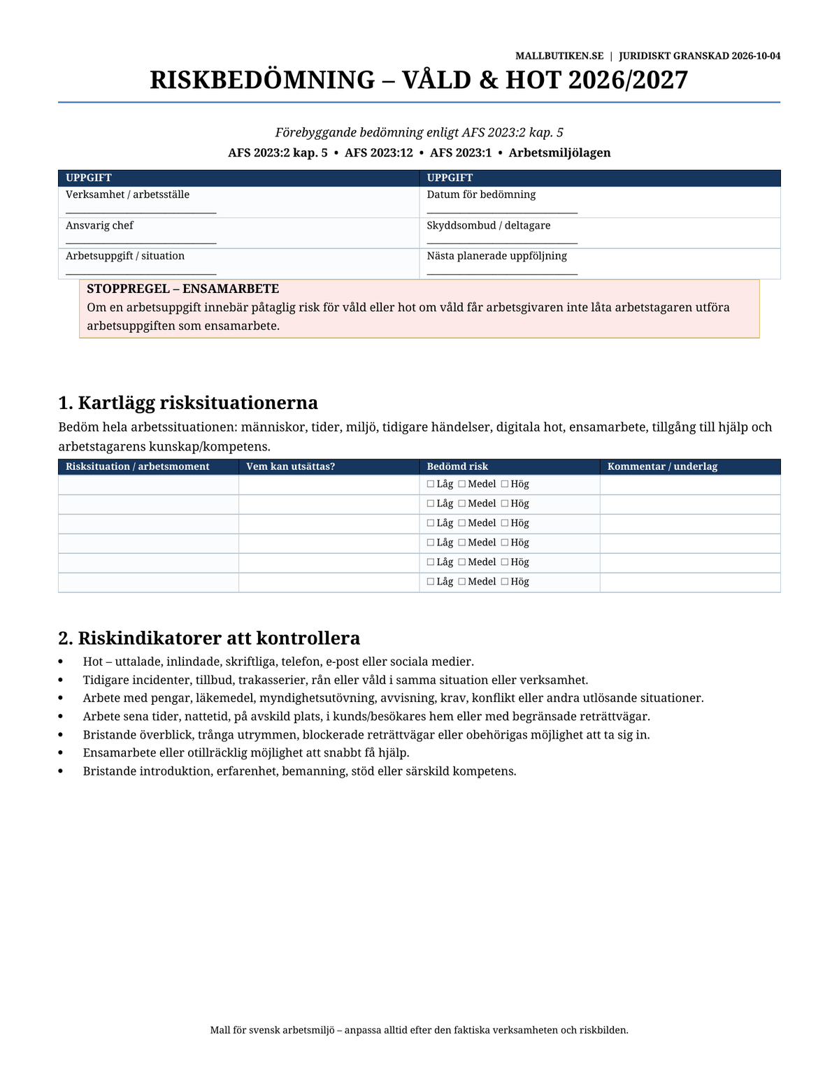 Riskbedömning våld och hot arbetsmiljö 2026/2027 AFS 2023:2 Word PDF
