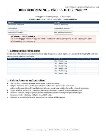 Riskbedömning våld och hot arbetsmiljö 2026/2027 AFS 2023:2 Word PDF