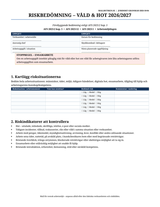 Riskbedömning våld och hot arbetsmiljö 2026/2027 AFS 2023:2 Word PDF