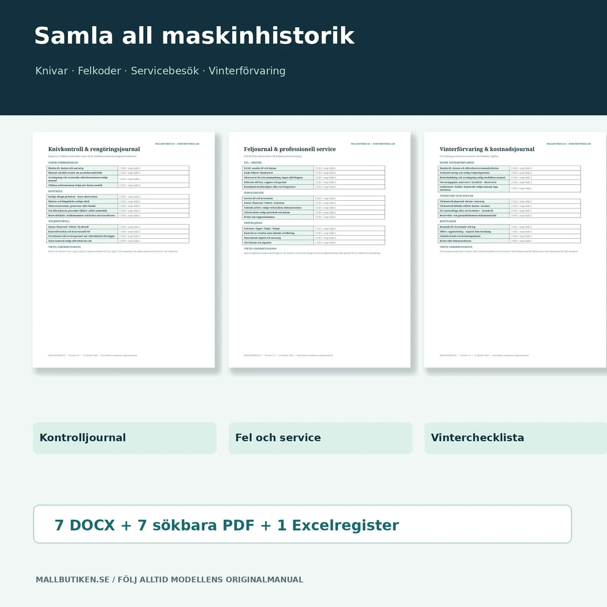 Förhandsvisning av servicejournal, felprotokoll och vinterförvaringsmallar i Word/PDF