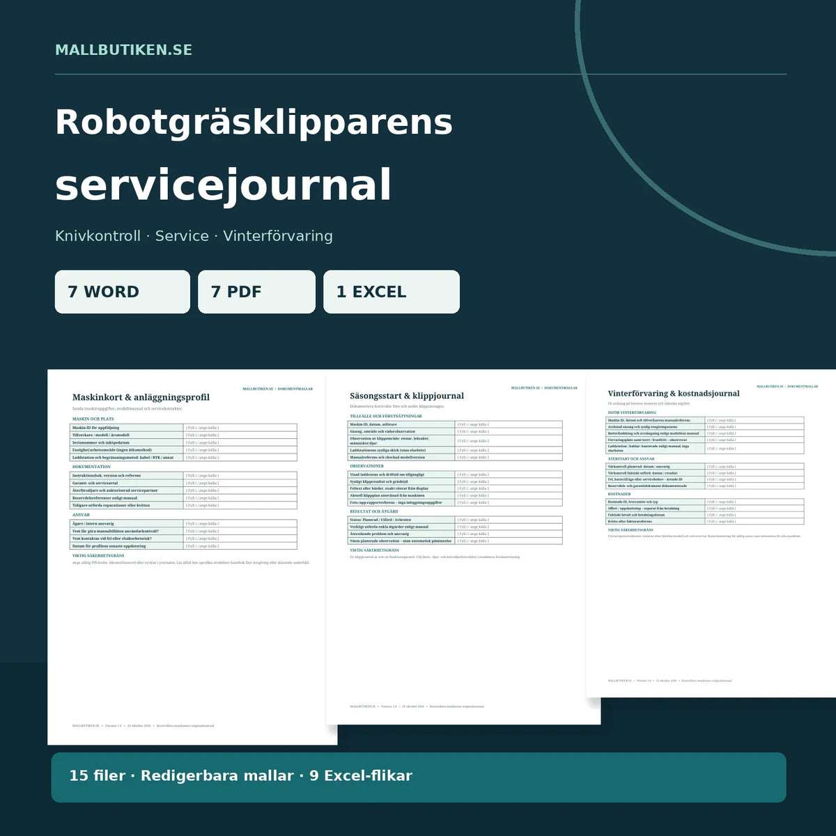 Robotgräsklipparens servicejournal – faktiska Word- och PDF-mallar för knivkontroll, service och vinterförvaring