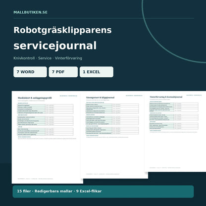 Robotgräsklipparens servicejournal – faktiska Word- och PDF-mallar för knivkontroll, service och vinterförvaring