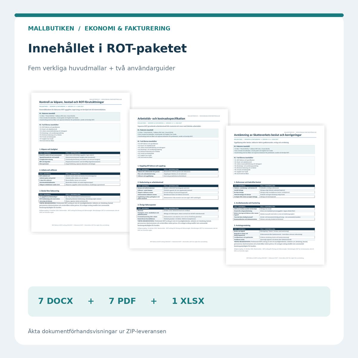 Verkliga Word- och PDF-mallar för ROT-faktura, underlag, betalning och beslut