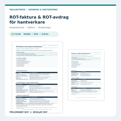 ROT-faktura med Word PDF Excel 2026/2027 – verkligt fakturadokument